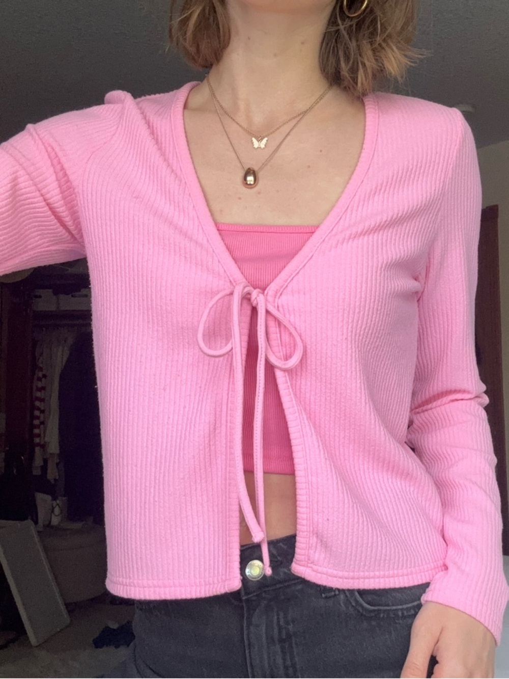 nwt h&m bright bubblegum pink tie-front ribbed cardigan
